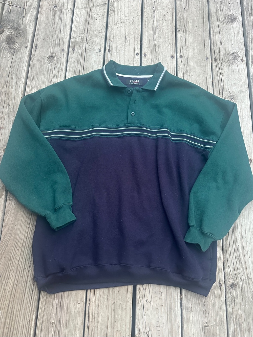 Vtg C&B Sport Croft & Barrows Green & Navy Collared Colorblock Sweatshirt, XL
